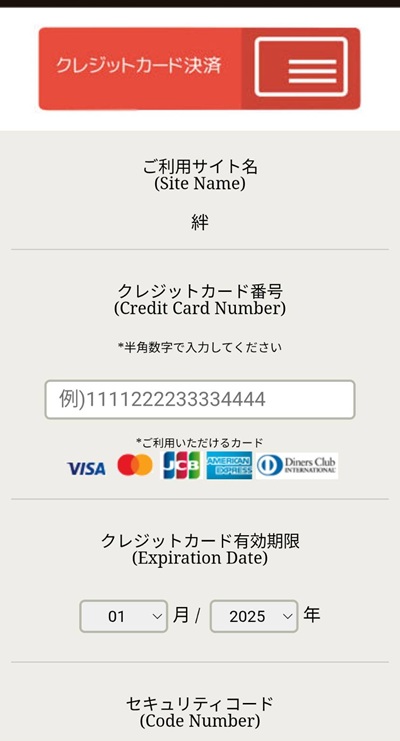 カード支払いの決済画面のスクリーンショット